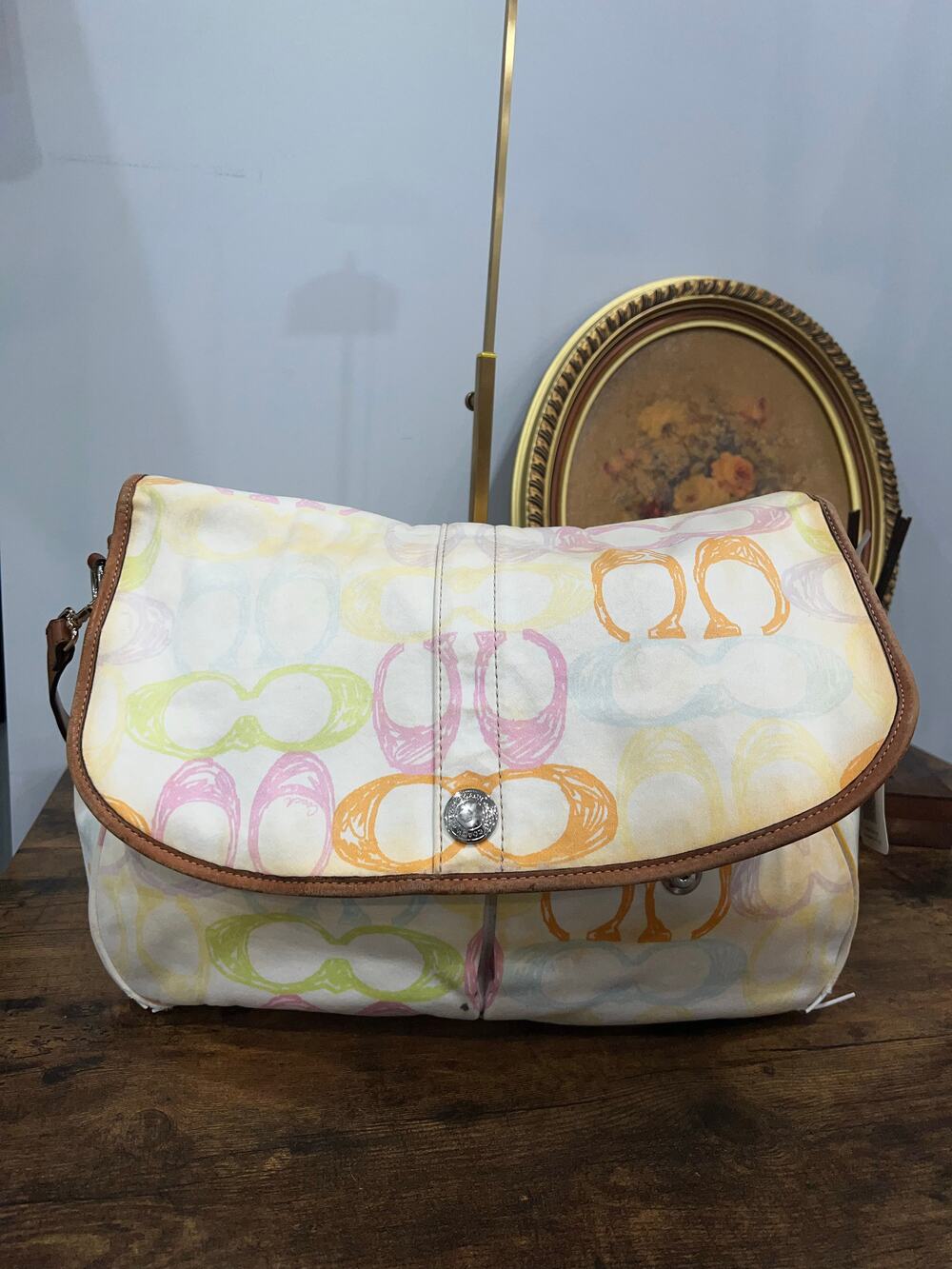 Coach Pastel Scribble Signature Canvas Diaper Bag - Brown Leather Trim, Snap Fla